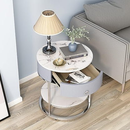 End Table with Sintered Stone Tabletop, Side Table with Drawer, Silver | 2 Tier Nightstand with Shelf, Round Table, Storage, Shelf, Chrome Legs, Marbling Natural Stone, Living Room, Bedroom, Office
