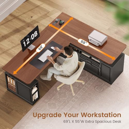 Farmhouse L Shaped Executive Electric Standing Desk with 4 Drawers, view 6