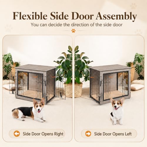 27.5in Wooden Dog Crate Furniture w/Cushion for Small Dogs, Gray, view 5
