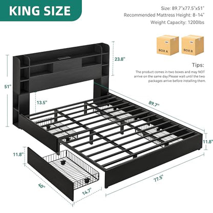 King Size Bed Frame, 51" Tall Bookcase Headboard and 4 Storage Drawers, view 4