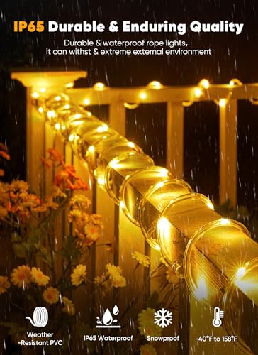 Solar Rope Lights, 39FT 100LED Outdoor Solar String Lights, IP65 Waterproof Solar Powered Fairy Lights with 8 Lighting Modes for Party Garden Patio Pool Backyard Tree Decoration, Warm White