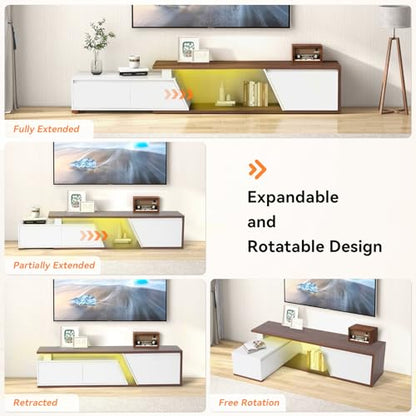 Extendable TV Stand, LED Entertainment Center, 63" - 90.6" | Wooden TV Media Console, Modern, 2 Drawers, Cabinet, Up to 90 Inch TV, Easy to Assemble, Living Room Bedroom, White & Walnut