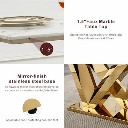 Marble Dining Table for 6 People, 70'' Rectangle Faux Marble Dining Table with Mirrored Stainless Steel Base, Large Size Marble Kitchen Table (Gold,White)(ONLY Table)