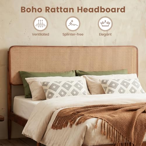 Queen Size Bed Frame w/Natural Rattan Headboard, Boho Platform Bed, view 5