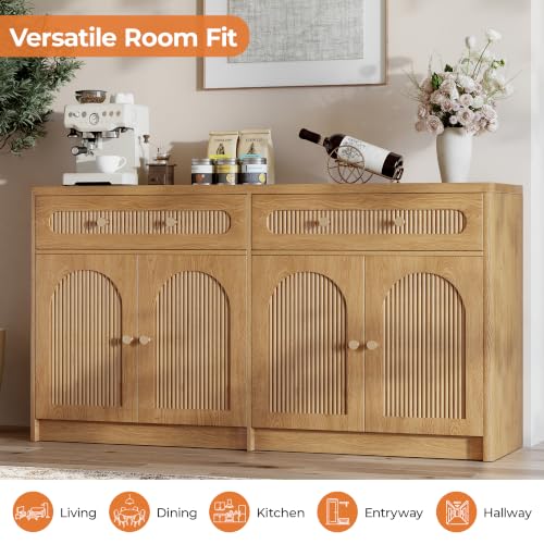 59" W Arched and Fluted Sideboard Buffet Cabinet with Storage, Oak, view 6