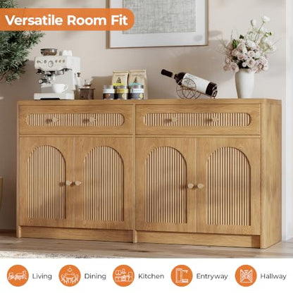 59" W Arched and Fluted Sideboard Buffet Cabinet with Storage, Oak, view 6