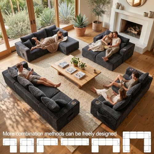 67'' L-Shaped Cloud Modular Sectional Sofa, Modern Corduroy Memory Foam Couch with Cup Holders, Upholstered Boneless Deep Seat Fluffy Loveseat with Ottoman, No Assembly Needed, for Home, Black