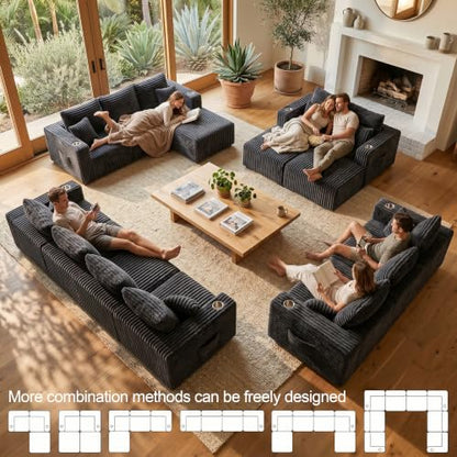 67'' L-Shaped Cloud Modular Sectional Sofa, Modern Corduroy Memory Foam Couch with Cup Holders, Upholstered Boneless Deep Seat Fluffy Loveseat with Ottoman, No Assembly Needed, for Home, Black
