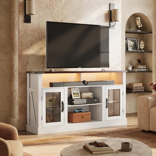 Farmhouse TV Stand for 65 Inch TV with LED Lights, TV Console, White, view 4