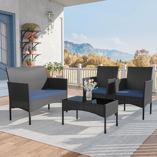 Patio Furniture Set 4 Pieces Outdoor Wicker Rattan Chairs Conversation Sets w/Coffee Table, Rocking Bistro Set, for Deck,Patio,Backyard,Lawn (Navy Blue)