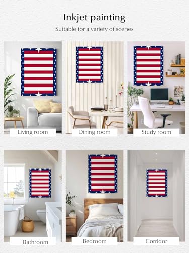 Star Red Stripe Independence Day Canvas Wall Art Prints,48"x32" Framed Picture Artwork Blue Border Patriotic 4th of July Printed Canvas Oil Painting for Living Room Bedroom Office,Ready to Hang