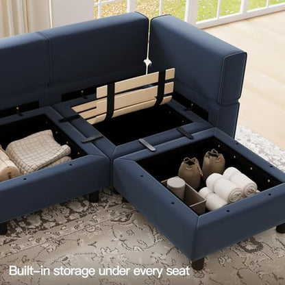 Modular Velvet Sectional Sofa with Storage Seat Oversized U Shaped Couch with Reversible Chaise Sofa Set with Ottoman Blue