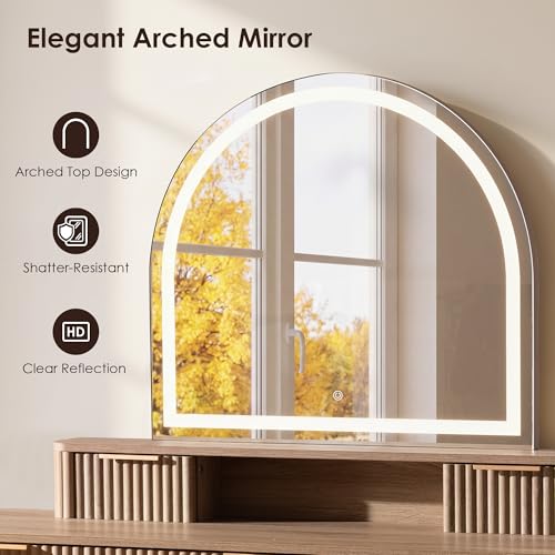 55.7" Fluted Vanity Desk with Arched Mirror, Modern Makeup Vanity, Oak, view 4