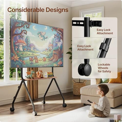 Rolling Easel TV Stand for 49–80 Inch TVs, Mobile TV Cart with Lockable Wheels, Portable Floor Stand with Wood Shelves, VESA 600x400, Black