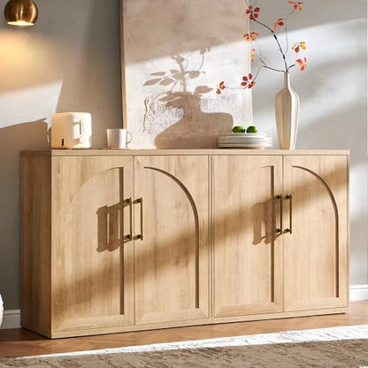 Arched Door Sideboard Buffet Cabinet Set of 2, Accent Cabinet with Adjustable Shelf, Wood Modular Credenza Storage Cabinet for Dining Room, Living Room, Entryway, Natural Oak