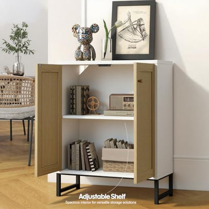 Rattan Decorated 2 Doors Storage Cabinet Accent Cabinet Living Room Cupboard Kitchen Sideboard Buffet Table (White)