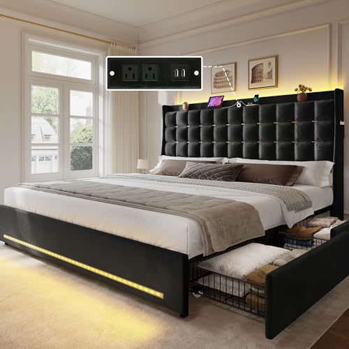 King Size Bed Frame with 4 Drawers, RGB LED Light, Charge Station, view 2
