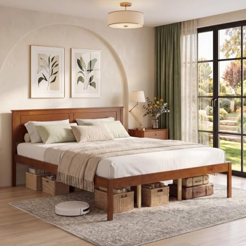 Queen Size Bed Frame, Farmhouse Wooden Platform Bed with Headboard, view 4