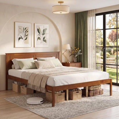 Queen Size Bed Frame, Farmhouse Wooden Platform Bed with Headboard, view 4