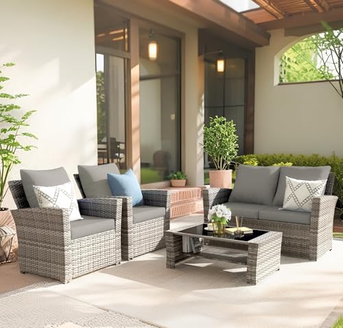 4-Piece Grey Waterproof PE Wicker Outdoor Sectional Sofa Set with Grey Cushions,All-Weather Patio Furniture for Balcony, Porch, Garden - UV-Resistant & Space-Saving Design