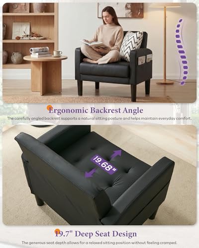 Accent Chair Set of 2 Living Room Chairs Cozy Tufted Mid Century Modern Black Accent Chairs with Arms for Bedroom Comfy Reading Arm Chair Small Chairs for Small Spaces Office(2, Black)