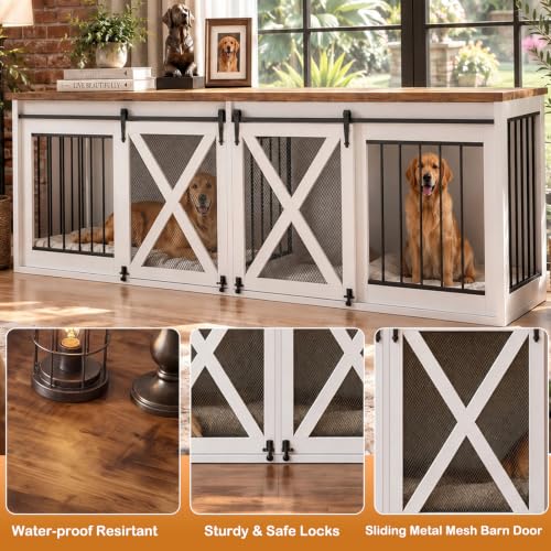94.5in Double Dog Crate Furniture, Farmhouse Dog Kennel TV Stand, White, view 4