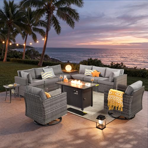 11 Piece Outdoor Patio Furniture Set with Fire Pit Table,Conversation Sectional Wicker Couch with Swivel Chairs,Modern Outside Sofa for Balcony Backyard, Dark Grey