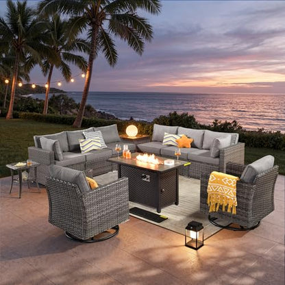11 Piece Outdoor Patio Furniture Set with Fire Pit Table,Conversation Sectional Wicker Couch with Swivel Chairs,Modern Outside Sofa for Balcony Backyard, Dark Grey