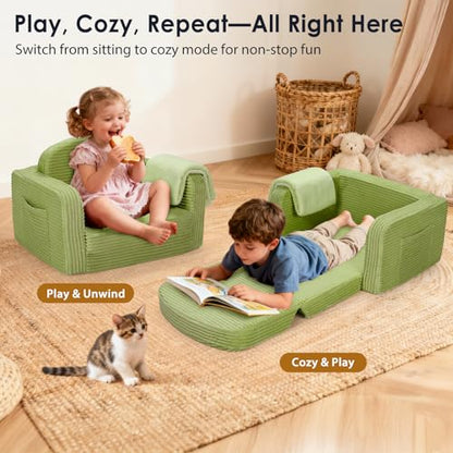 2 in 1 Convertible Kids Couch - Corduroy Fold Out Kids Sofa Chair with Blanket, Comfy Comfortable Toddler Chair, Machine-Washable Cover, for Boys Girls, Medium Green