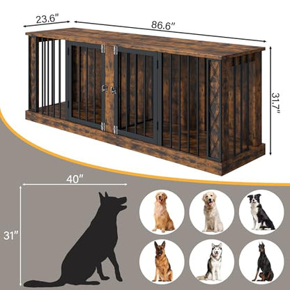 86.6" Double Dog Crate Furniture as TV Stand, Dog Kennel Furniture for 1 or 2 Dogs, Heavy Duty Dog Cage Indoor for Small/Medium/Large Dogs, Retro