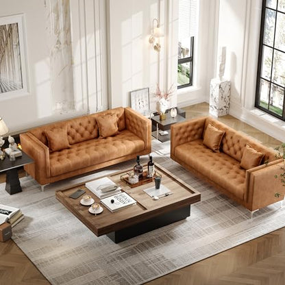 79" W Brown Faux Leather Sofa with 2 Pillows, Couches for Living Room | Modern 3-Seater Chesterfield Sofa for Apartment, Office, Handmade Button Tufted Cushions and Solid Metal Legs