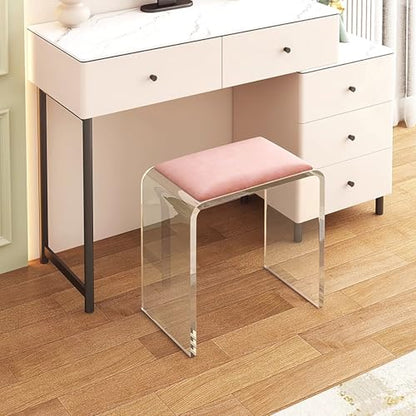 Clear Acrylic Vanity Stool with Sherpa Cushion,Modern Acrylic Side Table,Multifunctional Ottoman Foot Rest Or Makeup Room, Living Room, Bedroom Furniture