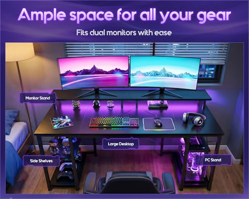 55 Inch Gaming Desk with LED Lights & Storage Shelves, Black, view 5