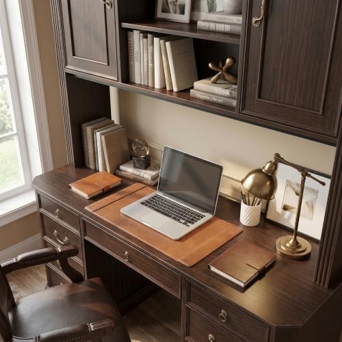 Lighted Writing Desk with Hutch and Drawers, 62" W x 82.7" H, Brown, view 5