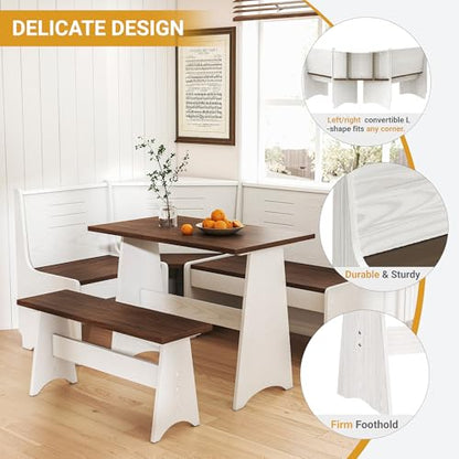 Breakfast Nook Set 3-4 Seat L-Shaped with Hidden Storage - Space Saving Corner Kitchen Dining Table & Bench Set - Farmhouse Family Home White Brown Wood