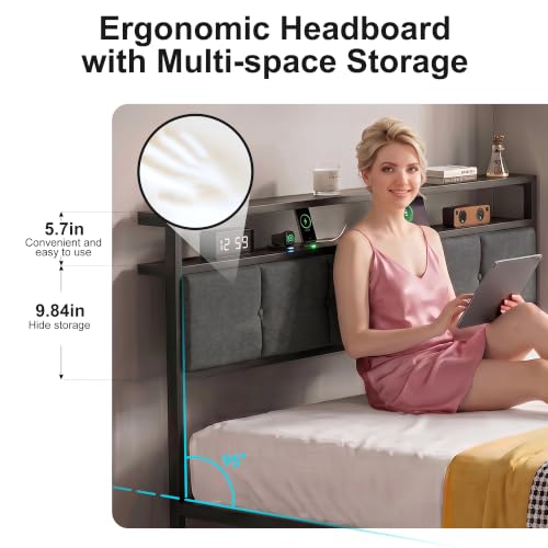 Queen Bed Frame with Storage Drawers, Charging Station and LED Lights, view 4