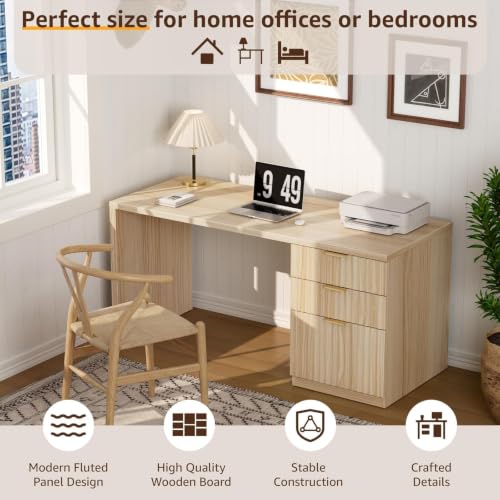 DLisiting Fluted Desk with File Drawers, 47 Inch, Light Natural Oak, view 6