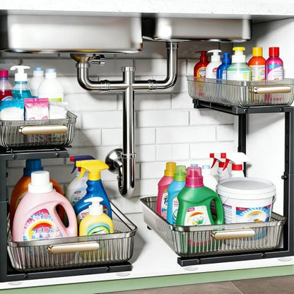 Under Sink Organizer - 2 Packs Multi-Purpose Pull-Out Storage Organizers, Slide out Pull out Cabinet Organizer Shelf, Storage for Kitchen Bathroom, Clear