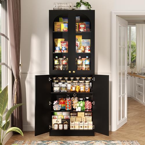 80" Kitchen Pantry, Tall Arch Storage Cabinet with Tempered Glass & Soft Close Doors, Freestanding Wood Floor Cupboard Bookcase with Seamless Fit Wall for Dining Room, Living Room, Bathroom