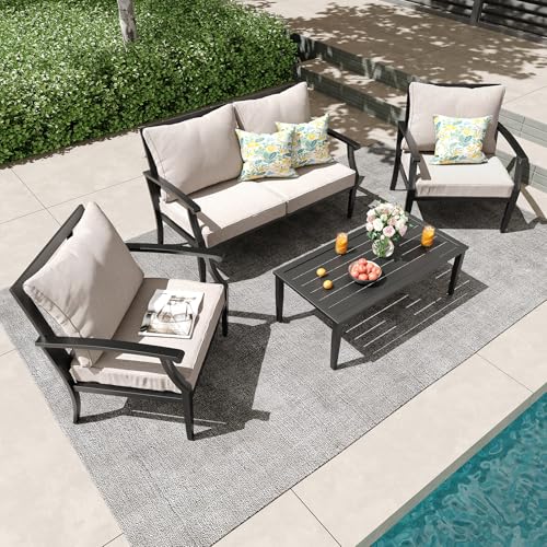 4 Piece Outdoor Patio Furniture Set, Oversized Metal Conversation Set with High Back & Deep Seating, Water-Repellent Cushions, Coffee Table for Porch, Deck, Backyard, Beige