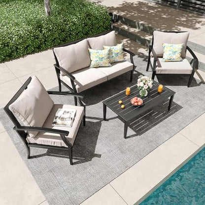 4 Piece Outdoor Patio Furniture Set, Oversized Metal Conversation Set with High Back & Deep Seating, Water-Repellent Cushions, Coffee Table for Porch, Deck, Backyard, Beige