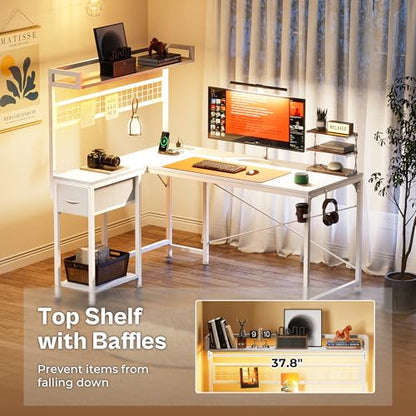 L Shaped Gaming Desk with Shelves, Corner Computer Table with LED Lights, Power Outlets and USB-C Ports, 50 Inch Reversible Home Office Desk with Storage Drawer, for Work and Study, White