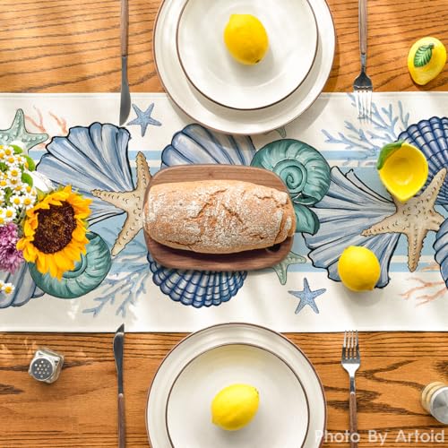 Sea Shell Starfish Summer Table Runner,Spring Ocean Kitchen Dining Table Decoration for Home Party Decor 13x72 Inch