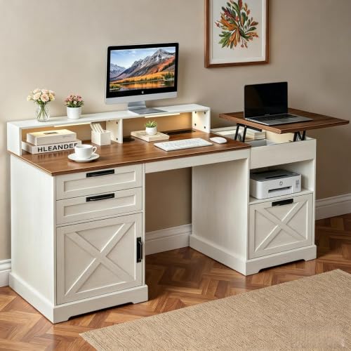 63“ Executive Desk with Lift Top, 3 File Drawers, White, view 2