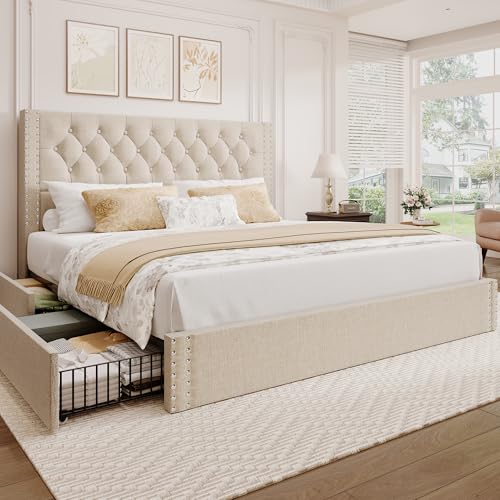 King Size Bed Frame with 4 Storage Drawers and Tufted Headboard Linen, view 3