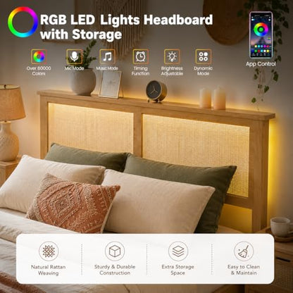 GAOMON Full Size Wood Bed Frame with LED Light and Rattan Headboard, view 4