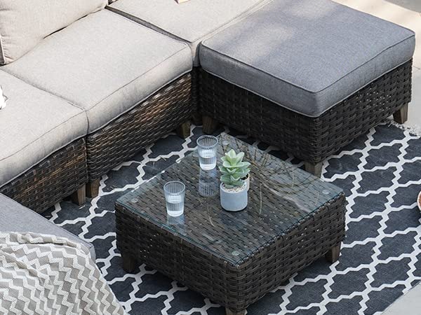 Outdoor Coffee Table Wicker Patio Side Table Wicker Patio Table Furniture Conversation Set with Glass Top