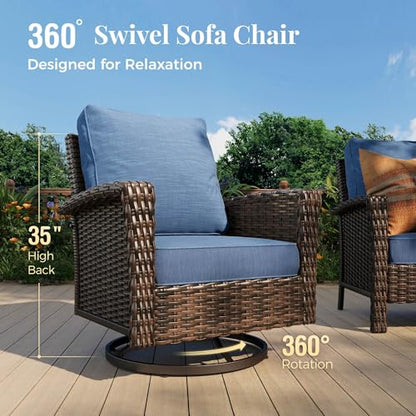 Patio Furniture Set with High Back Swivel Chairs, 4-Piece Outdoor Conversation Sets with 5.5-inch Thick Cushion, All-Weather Wicker Patio Sofa Set for Deck Yard Pool, Navy Blue