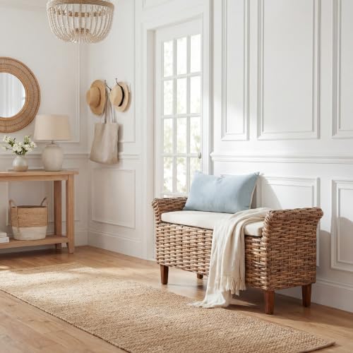 SAFAVIEH Furniture - Palermo Bench - White & Brown - Mango Wood - Coastal Woven Design - Ideal for Entryway, Bedroom, Living Room (FOX6533A)