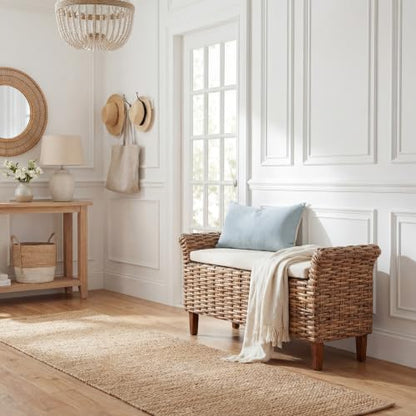 SAFAVIEH Furniture - Palermo Bench - White & Brown - Mango Wood - Coastal Woven Design - Ideal for Entryway, Bedroom, Living Room (FOX6533A)